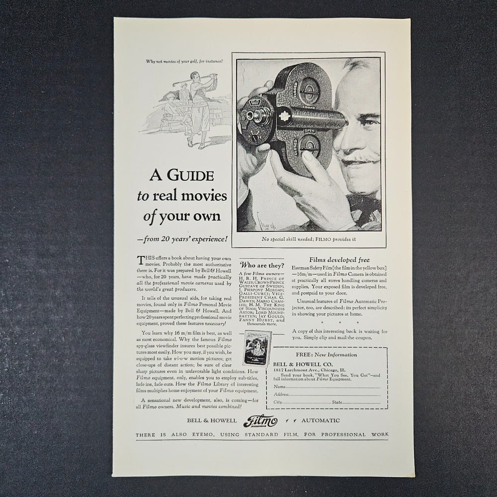 1927 Filmo Bell &‎ Howell Automatic Movie Camera Vintage Print Ad Golfer Chicago